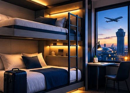 Illustration: a crew crashpad bunk room at dusk, with a plane passing the window.