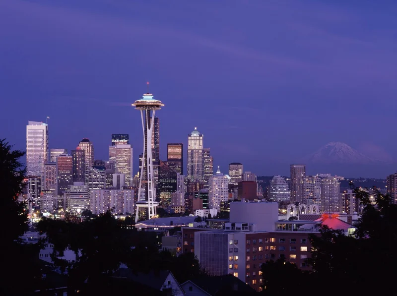 Archival dusk view from Kerry Park with the Space Needle, downtown Seattle and Mount Rainier